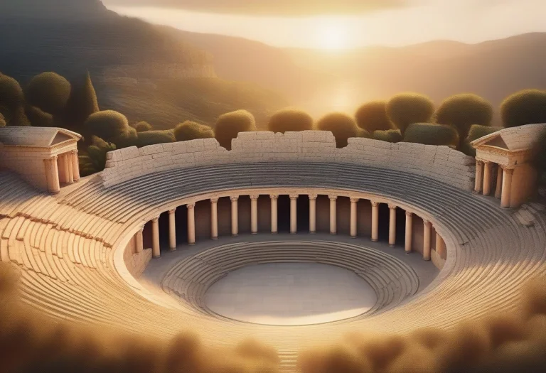 An Ancient Greek Amphitheater At Golden Hour, Soft Window Li...
