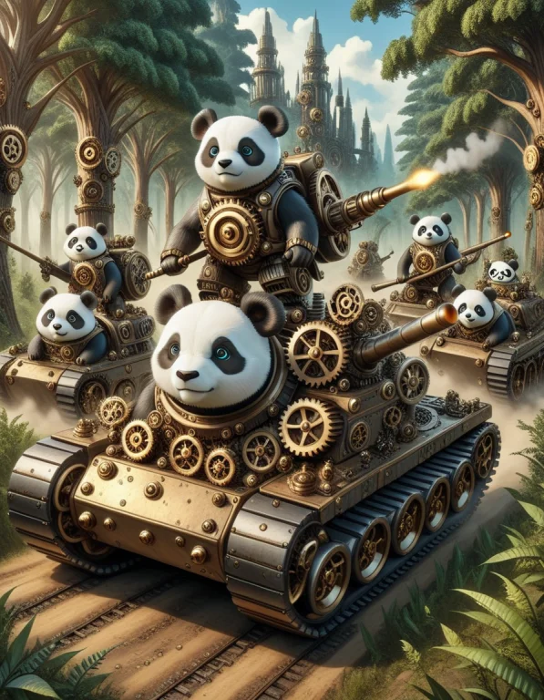 Army Pandas On Tanks Driving Into Battle In A Forest Made Ou...