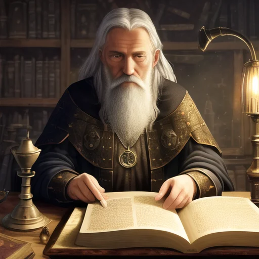 Very Old Wizard, Alchemy, Looking At Book, Old Medieval Pain...