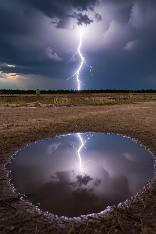 A Puddle Reflecting A Stormy Sky With Lightning While The Su...