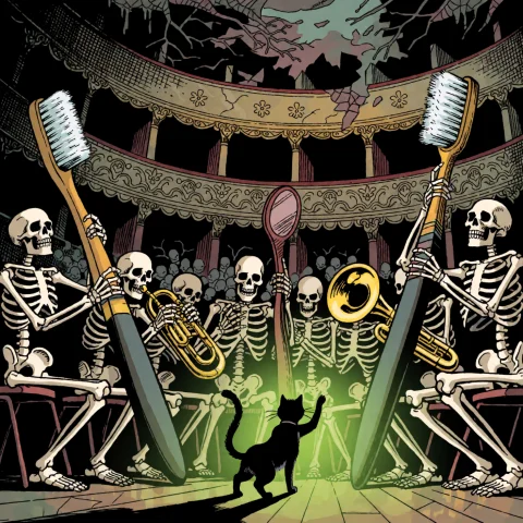 Abunholycomicv01k2. A Dark Supernatural Comic Illustration O... — Stable Diffusion AI Prompt: ABUnholyComicV01K2. A dark supernatural comic illustration of an orchestra of el...