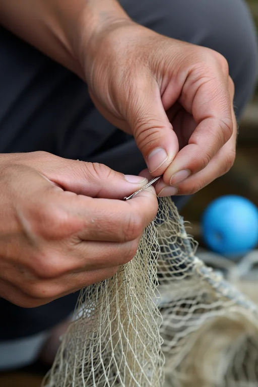 An Old Fishermans Hands Mending A Net, Needle Through Mesh,...