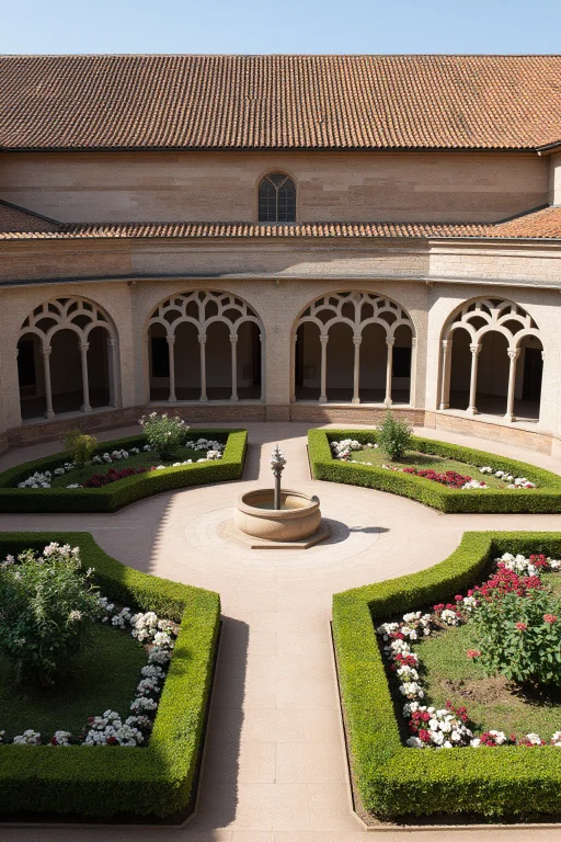 A Cloister Courtyard With Four Identical Arcades Around A We...