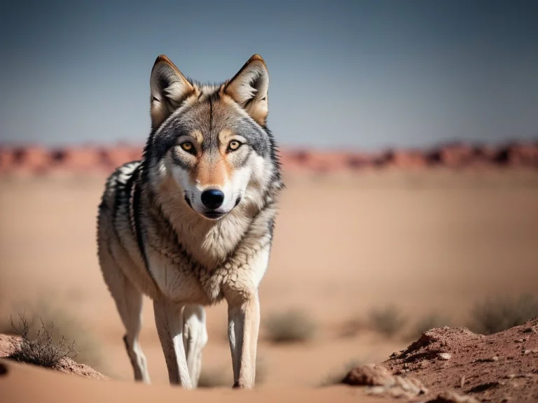 Wolf In The Desert, In Front Of Camera, Depth Of Field, Shar...