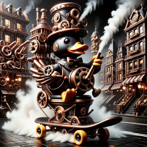 A Steampunknoireai Rubber Duck, Sitting, Over A Toilet Bowl,... — SDXL AI Prompt: a steampunknoireai rubber duck, sitting, over a toilet bowl, toilet is precariou...