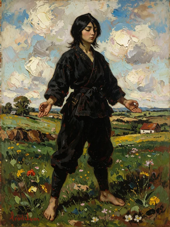 Gustave Courbet Style,rukia,she Is Standing In A Grass Field...