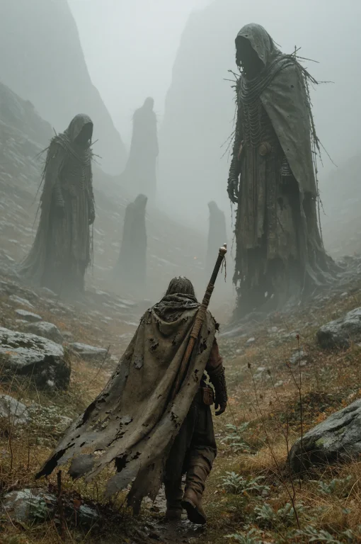 A Lone Traveler In A Tattered Cloak Walks Through An Endless...