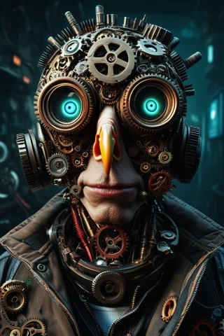 Close-up Portrait Of A Seagull With Crazy Eyes. . . Gears, M... — SDXL AI Prompt: close-up portrait of a seagull with crazy eyes. . . gears, made of gears, cyberp...