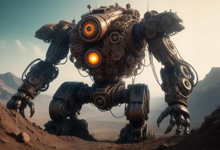 Giant Robot,gears, High Quality, Masterpiece, Wires, Glowing...