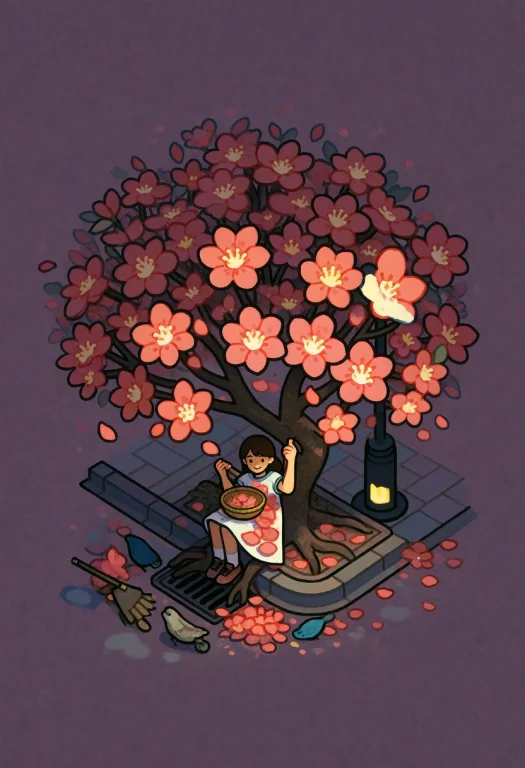 A Flowering Street Tree Forms A Compact, Bold-outlined Clust...