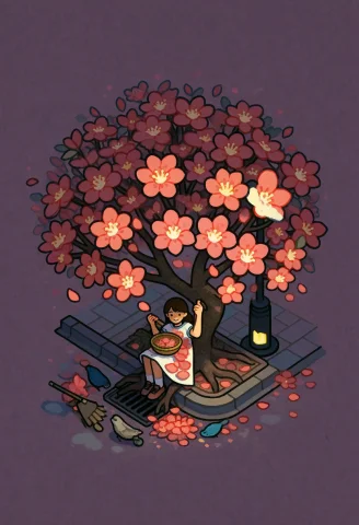A Flowering Street Tree Forms A Compact, Bold-outlined Clust... — Stable Diffusion AI Prompt: A flowering street tree forms a compact, bold-outlined cluster against a broad,...