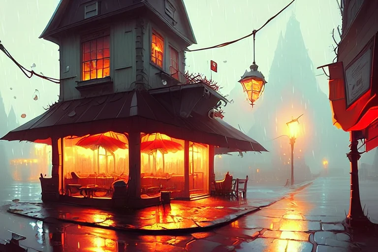 Upside Down Tavern In The Rain By Kuvshinov, Samdoesart, Dre...