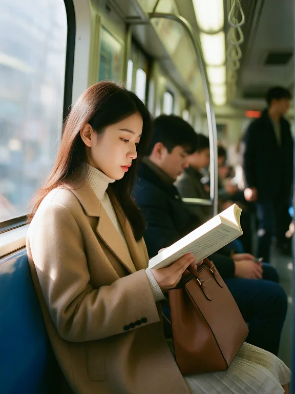 A Korean Woman Sits On A Seoul Subway Train Deeply Engrossed...