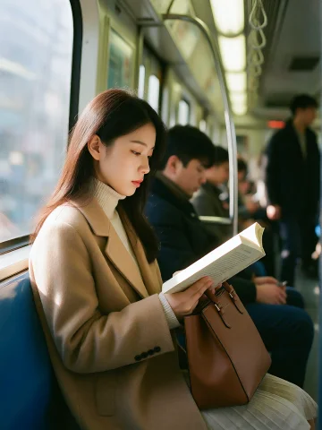 A Korean Woman Sits On A Seoul Subway Train Deeply Engrossed... — Stable Diffusion AI Prompt: A Korean woman sits on a Seoul subway train deeply engrossed in reading a paperb...