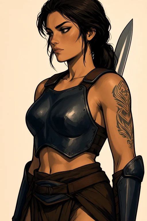 Beautiful Woman In A Seasoned Mercenary, Her Face Telling Ta...