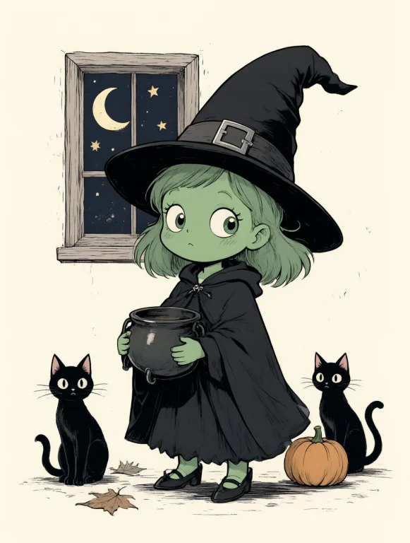 A Retro 2d Storybook Illustration Of A Cute Little Witch Wit...