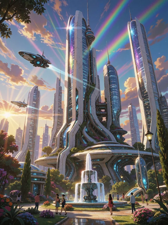 An Anime-style Illustration Of A Futuristic City At Sunrise,...