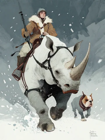 Bradhamel Art Style. A Massive, Armored White Rhinoceros Wit... — Stable Diffusion AI Prompt: Bradhamel art style. A massive, armored white rhinoceros with a heavy black mech...