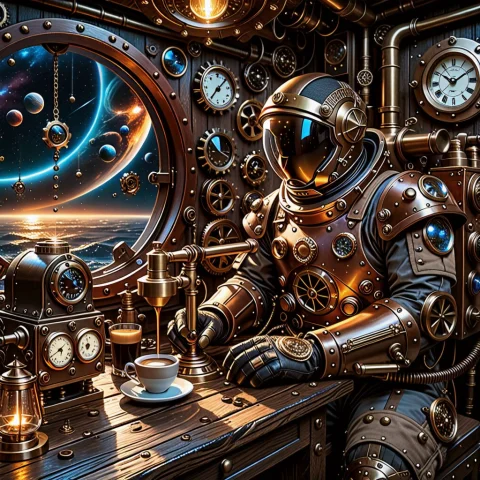 A Classic Vintage Astronaut In A Heavy Steampunk Spacesuit S... — SDXL AI Prompt: A classic vintage astronaut in a heavy steampunk spacesuit sitting at a rustic w...