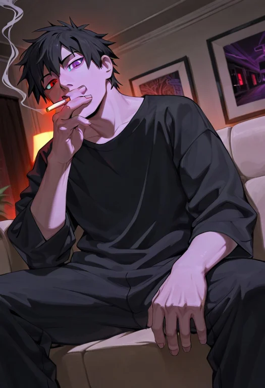 0b1t0, 1boy, Male Focus, Solo, Black Hair, Red Eyes, Purple...