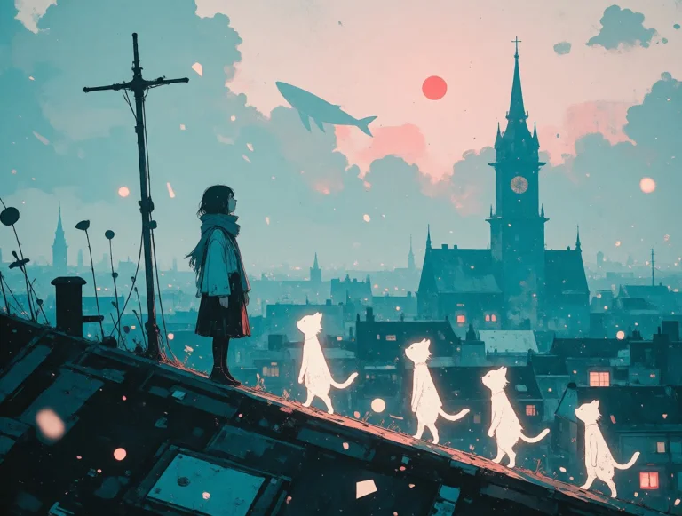 Dreamy Stylized Digital Painting Of A Dusk City Rooftop A Sl...