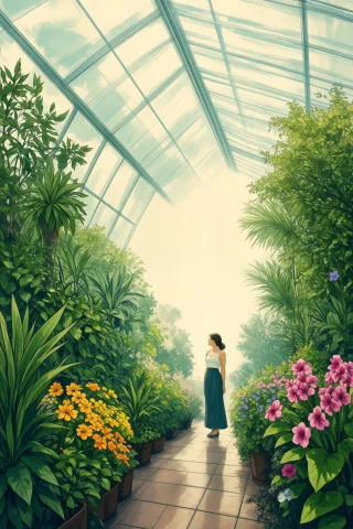 Woman Closeup, A Woman Standing In A Peaceful Greenhouse, Su... — Stable Diffusion AI Prompt: woman closeup, A woman standing in a peaceful greenhouse, surrounded by lush pla...