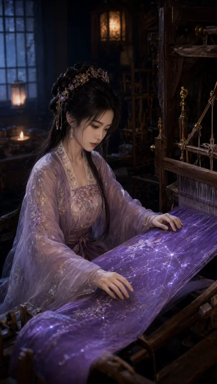 电影般的奇幻肖像，美丽年轻的东亚女子在一架古老的中国木织布机...