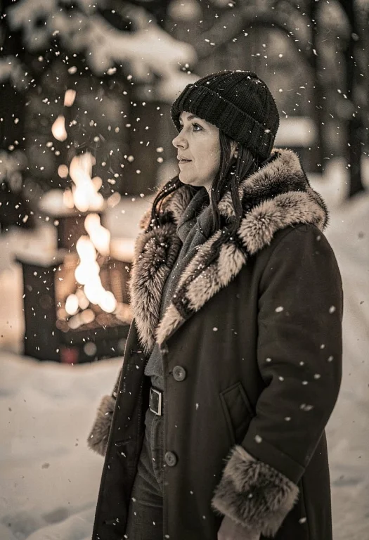 A Fur-trimmed Coat In Falling Winter Snow, Firelight, 85mm P...