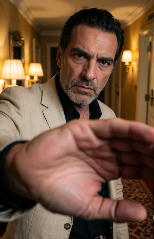 A Man Leans Close, Extends His Arm Directly Toward The Viewe...