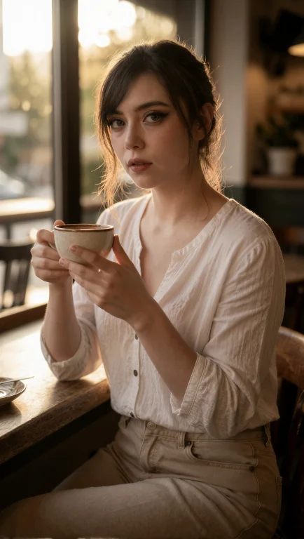 A Realistic Medium Shot Of Brigette Sitting At A Wooden Tabl...