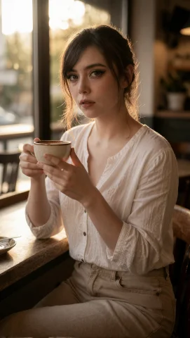 A Realistic Medium Shot Of Brigette Sitting At A Wooden Tabl... — Stable Diffusion AI Prompt: A realistic medium shot of Brigette sitting at a wooden table by a large café wi...