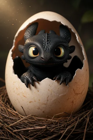 Cute Black Baby Dragon Comfortable Inside Egg Shell, Warm, P... — Stable Diffusion AI Prompt: cute black baby dragon comfortable inside egg shell, warm, photo realistic, cute...