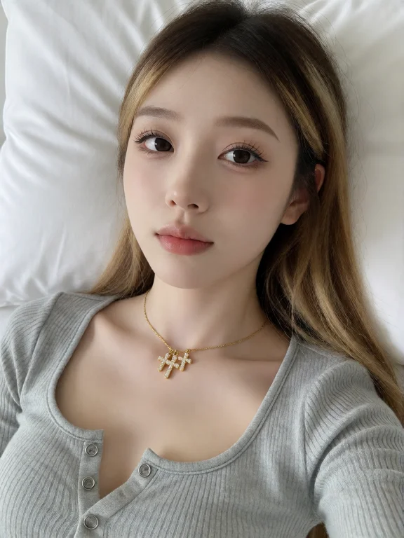 一位留着浅棕色直发(带有金色挑染)的亚裔女性仰卧在起皱的白色...