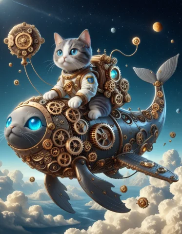 In Outer Space, An Astronaut Cat Riding A Happy Space Whale... — SDXL AI Prompt: in outer space, an astronaut cat riding a happy space whale made outof steampunk...
