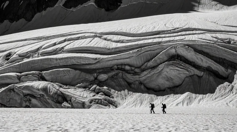 Two Tiny Silhouetted Hikers Traverse A Vast, Undulating Expa...
