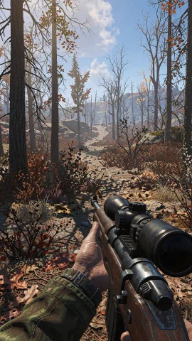 Videogame Screenshot A Rifle Is Shown In A Screenshot Of A F... — Stable Diffusion AI Prompt: videogame screenshot a rifle is shown in a screenshot of a forest , style fallou...