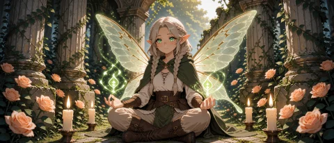 An Adult Fairy With Ash-blond Hair With Intricate Warrior Br... — Stable Diffusion AI Prompt: An adult fairy with ash-blond hair with intricate warrior braids, luminous emera...