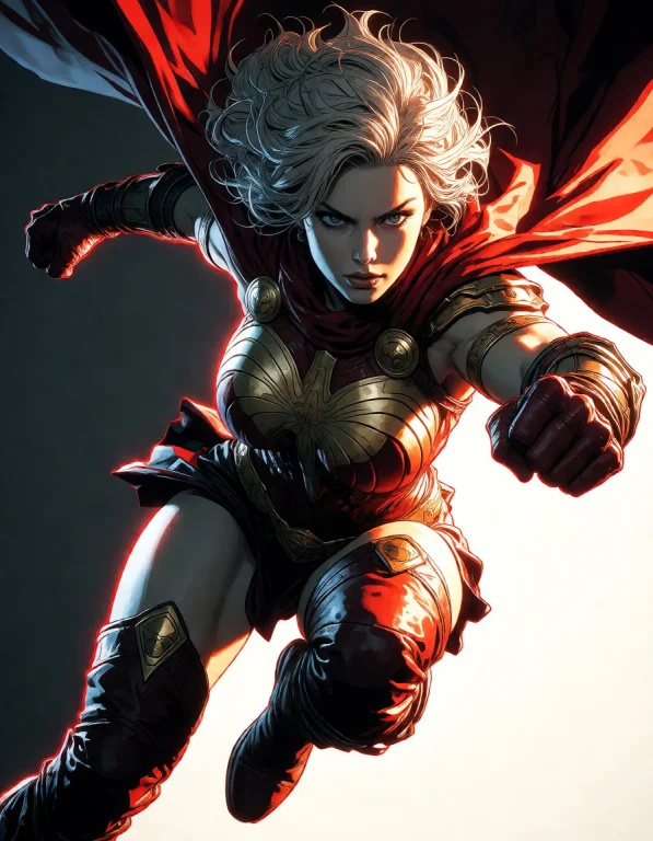 A Fantasy Warrior Heroine Drawn In Bold Comic Style, Lunging...