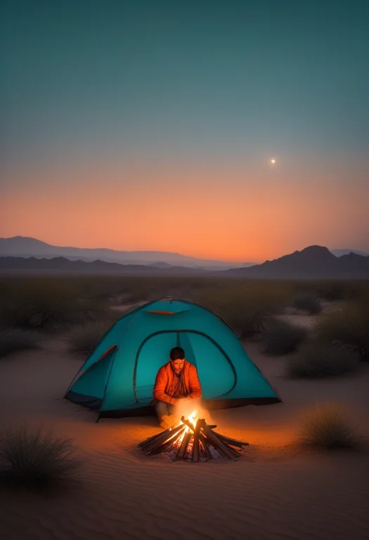 A Traveler Resting Beside A Desert Campfire, Foggy Diffused...