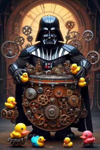 A Cute Darth Vader With A Big Drums. Arena, Sport Setting, L... — SDXL AI Prompt: a cute darth vader with a big drums. Arena, sport setting, lights, rubber ducks....
