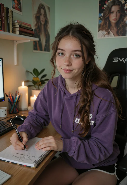 A 20-year-old College Girl At Her Desk, Writing Notes While...