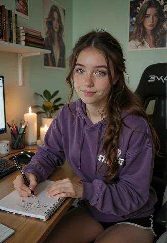 A 20-year-old College Girl At Her Desk, Writing Notes While... — Stable Diffusion AI Prompt: A 20-year-old college girl at her desk, writing notes while smiling at the camer...