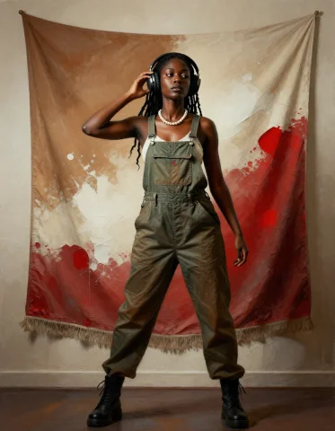 A Black Woman Stands Poised With Dynamic Energy Against A Te... — Stable Diffusion AI Prompt: A Black woman stands poised with dynamic energy against a textured wall adorned...