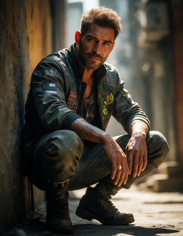 A Weathered Outlaw, With Warm Tan Skin And Sun-touched Highl...
