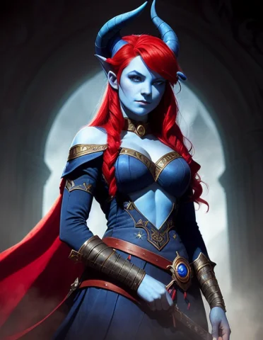David Rapoza, Young Female, Tiefling, Wizard Dress, Blue Ski... — Stable Diffusion AI Prompt: (((David Rapoza))), young female, tiefling, wizard dress, (((blue skin))), (red...