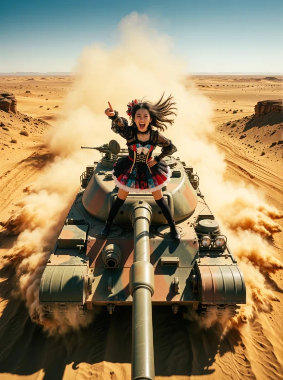 A Girl Stands Proudly Atop A Charging Tank, Her Eyes Wild Wi...