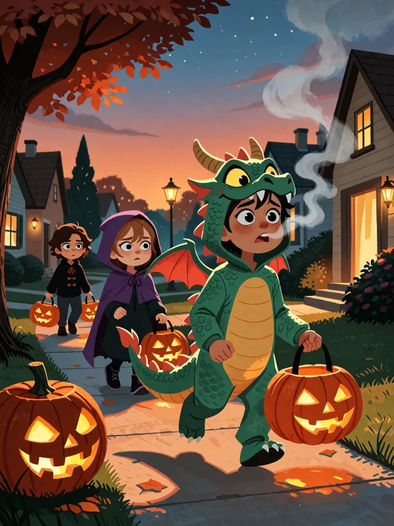 A Suburban Street At Dusk, Kids Trick-or-treating In Costume...