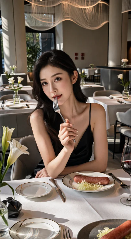 一位成熟优雅的亚洲少妇端坐于一家装潢精致的高档餐厅内，她拥有...