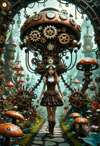 Loragearstyle1,a Surreal Steampunk Wonderland, Giant Mechani... — SDXL AI Prompt: ,a surreal steampunk wonderland, giant mechanical flowers with rotating gears, c...
