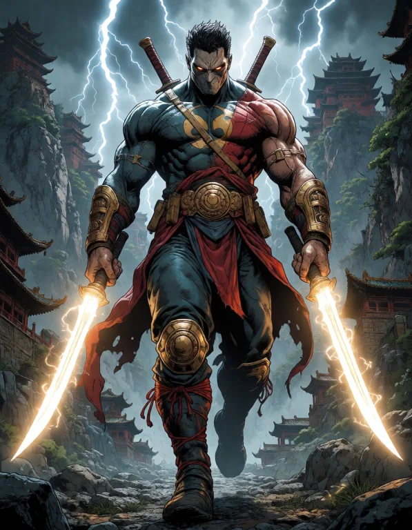 A Masked Antihero Holding Glowing Weapons, Walking Toward Th...